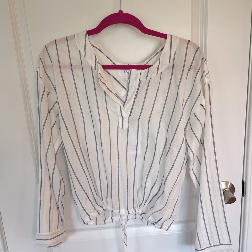 York Street Striped Cream and Navy Drawstring Hem Blouse  NWT Retail $194